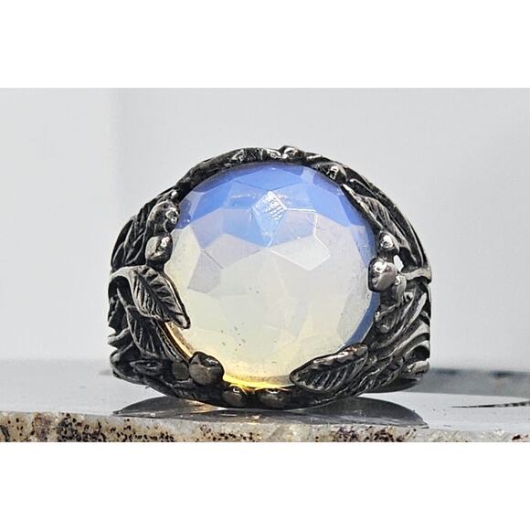 925 Sterling Silver Round Iridescent Stone & Leaf Design Ring SZ 8 - Picture 4 of 11